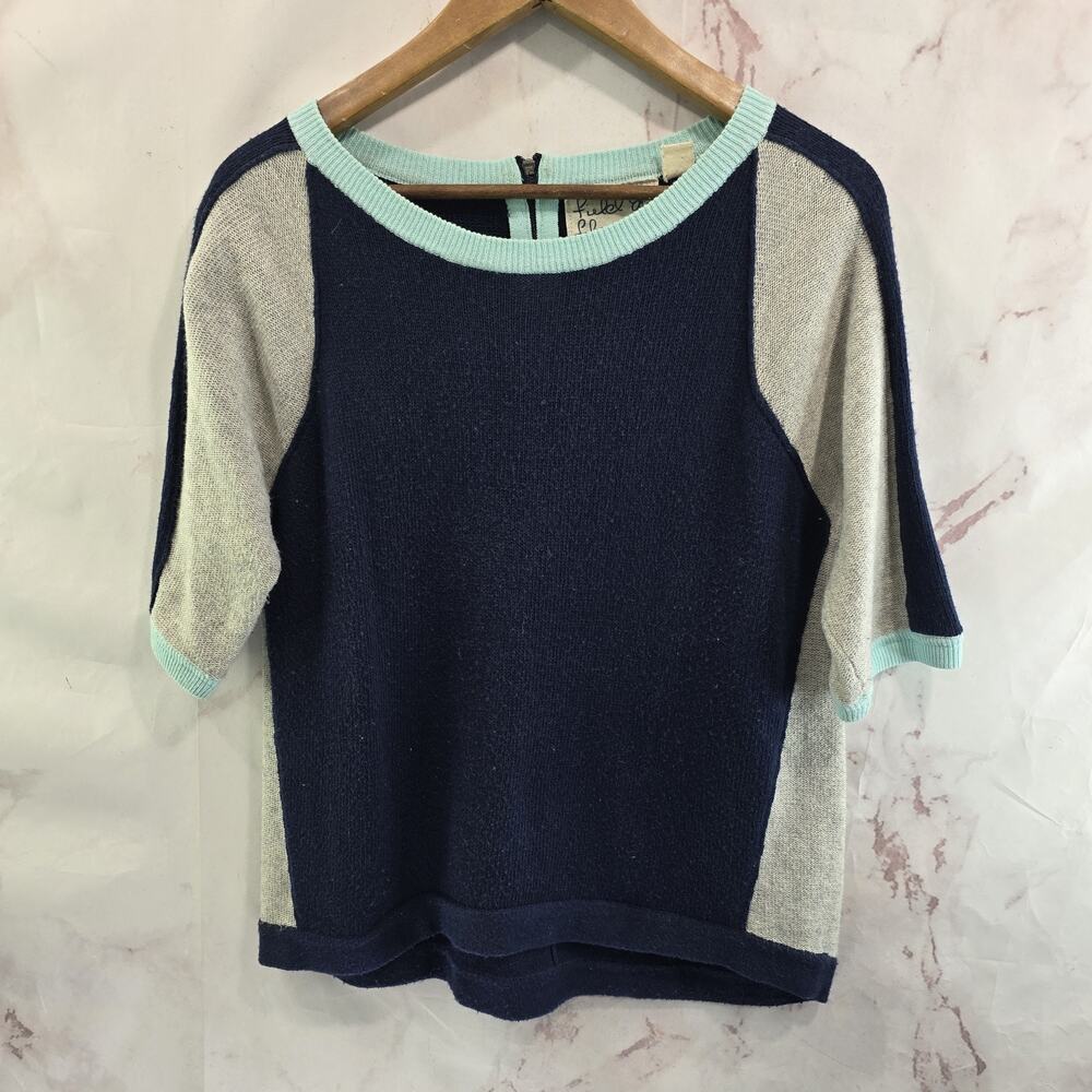 Anthropologie Sweater Womens Medium Blue Colorblock Short Sleeve Field Flower